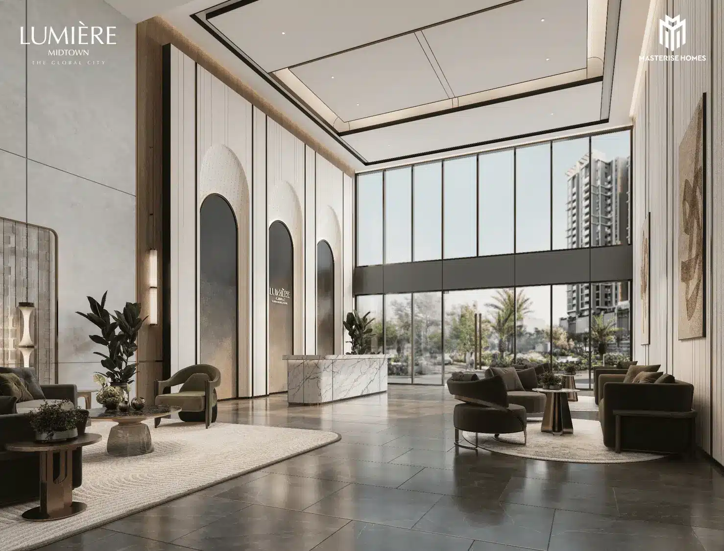 Không gian sảnh sang trọng và hiện đại của LUMIÈRE Midtown, nơi cuộc sống đẳng cấp hội tụ.